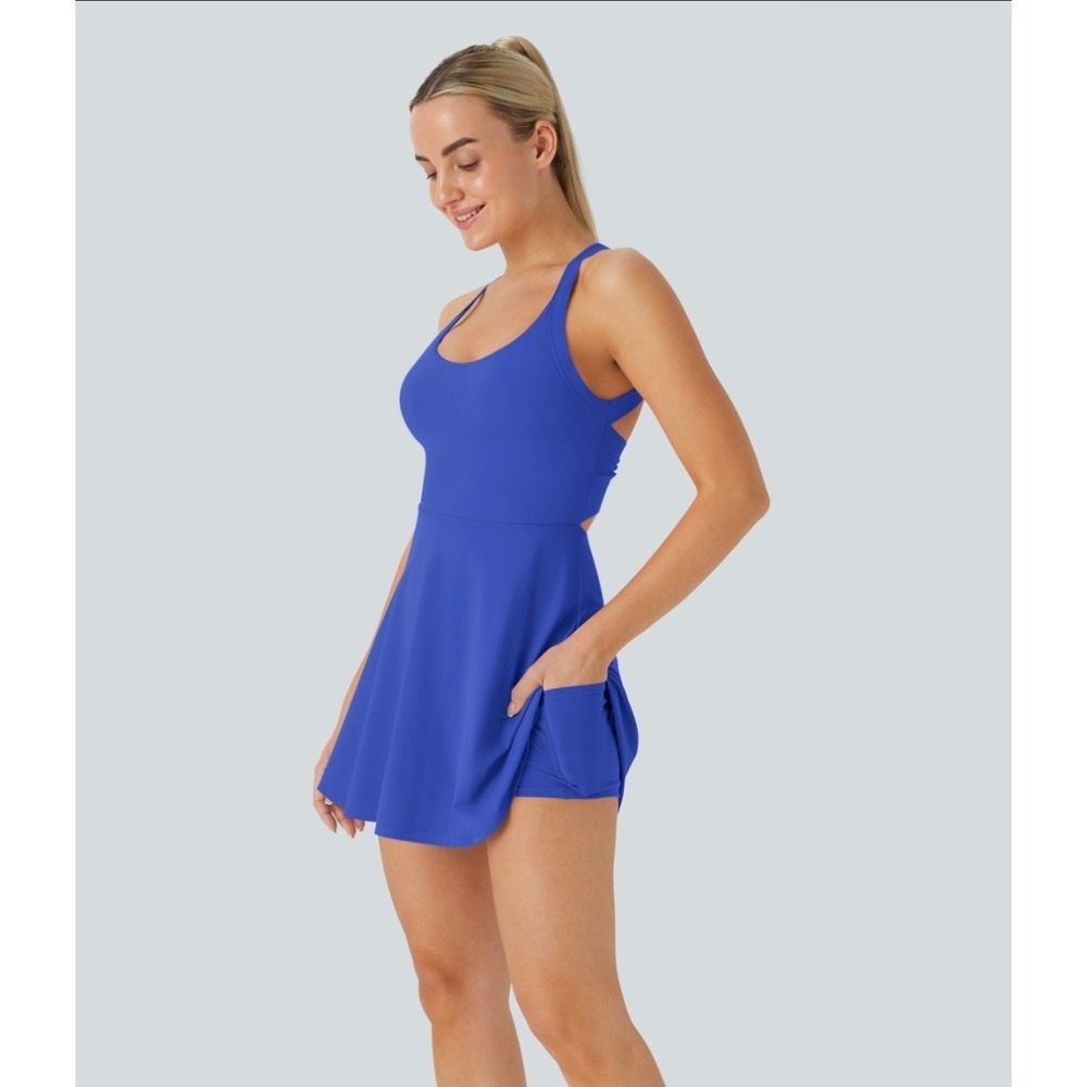 Halara SoftlyZero Airy Backless Twisted InstantCool Active Dress Blue Medium NWT
